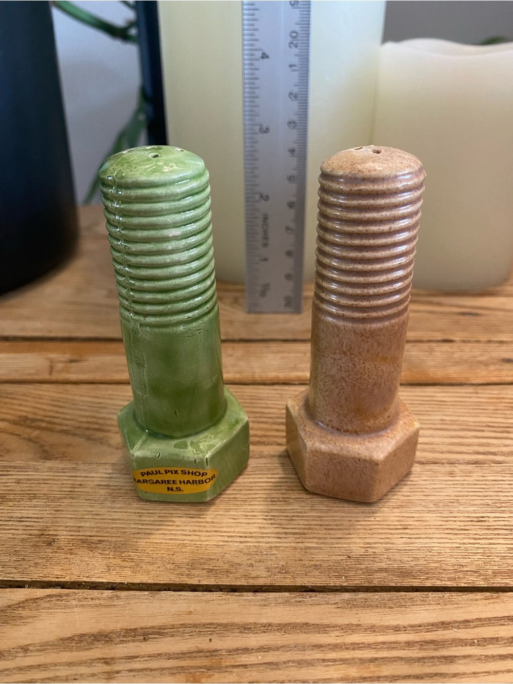 Vintage Ceramic Bolt Salt Pepper Shakers Margaree Harbor NS Souvenir Cape Breton